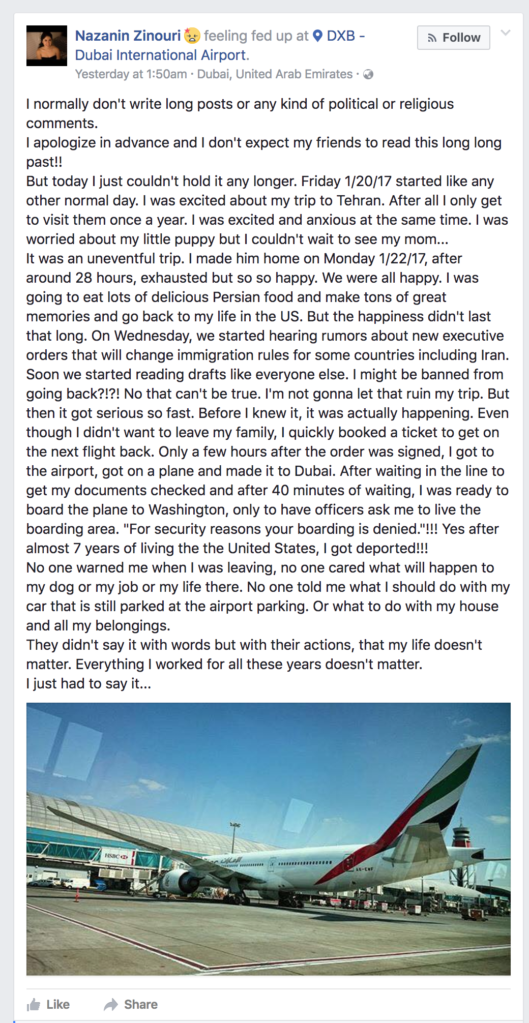 Nazanin Zinouri's Facebook Post